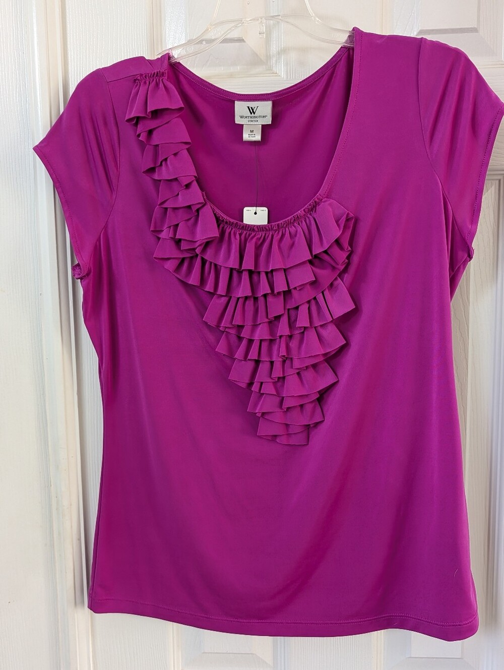 Worthington Women's Ruffle-Front Short Sleeve Top — Fuchsia - Tags Attached